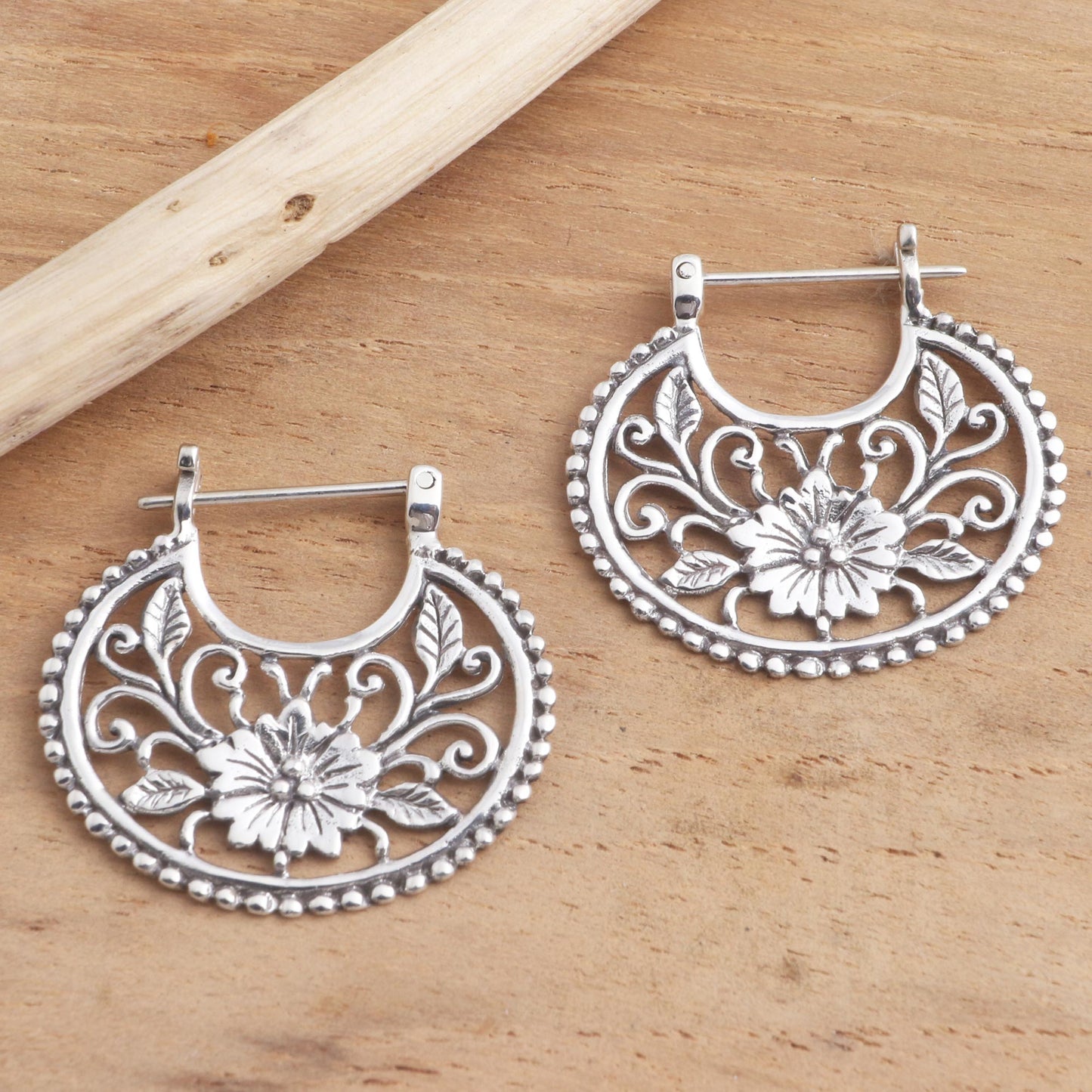 Floral Curves Balinese Sterling Silver Hoop Earrings