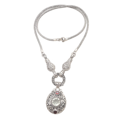 Queen Victory Prasiolite and Garnet Sterling Silver Pendant Y-Necklace