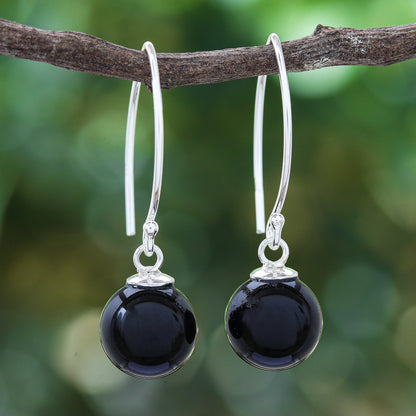 Mood at Midnight Black Onyx Bead Sterling Silver Dangle Earrings