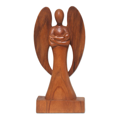 Guardian Angel Hand Carved Wood Angel and Baby Sculpture