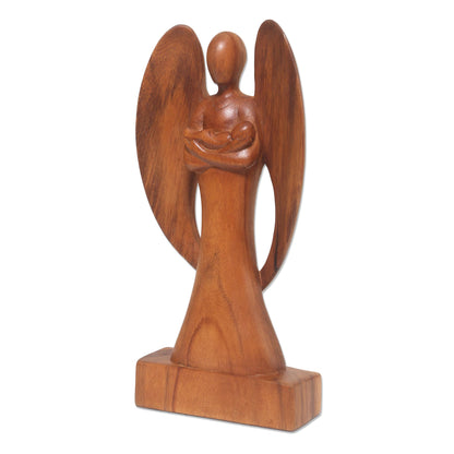 Guardian Angel Hand Carved Wood Angel and Baby Sculpture