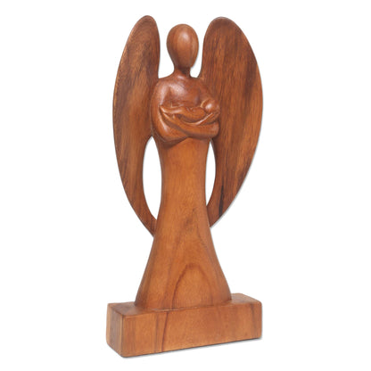 Guardian Angel Hand Carved Wood Angel and Baby Sculpture