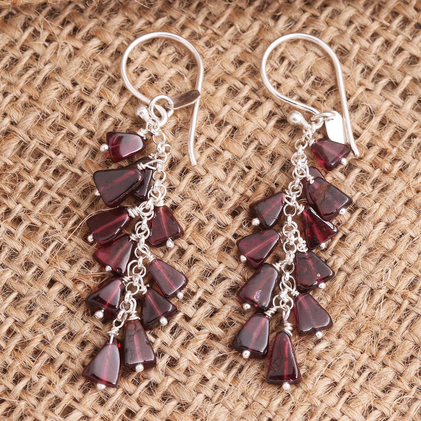 League of Light Garnet Bead Sterling Silver Cluster Waterfall Earrings