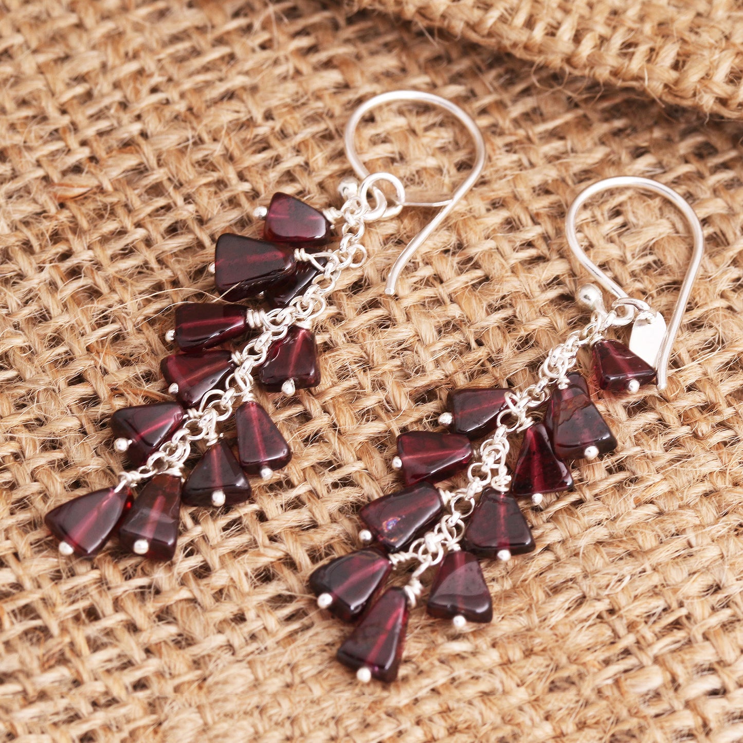 League of Light Garnet Bead Sterling Silver Cluster Waterfall Earrings