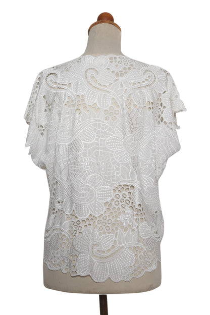 Rose Mallow in White Floral White-On-White Openwork and Embroidered Rayon Top