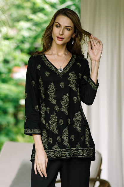 Midnight in the Garden Black Cotton Tunic with Hand Embroidered Details