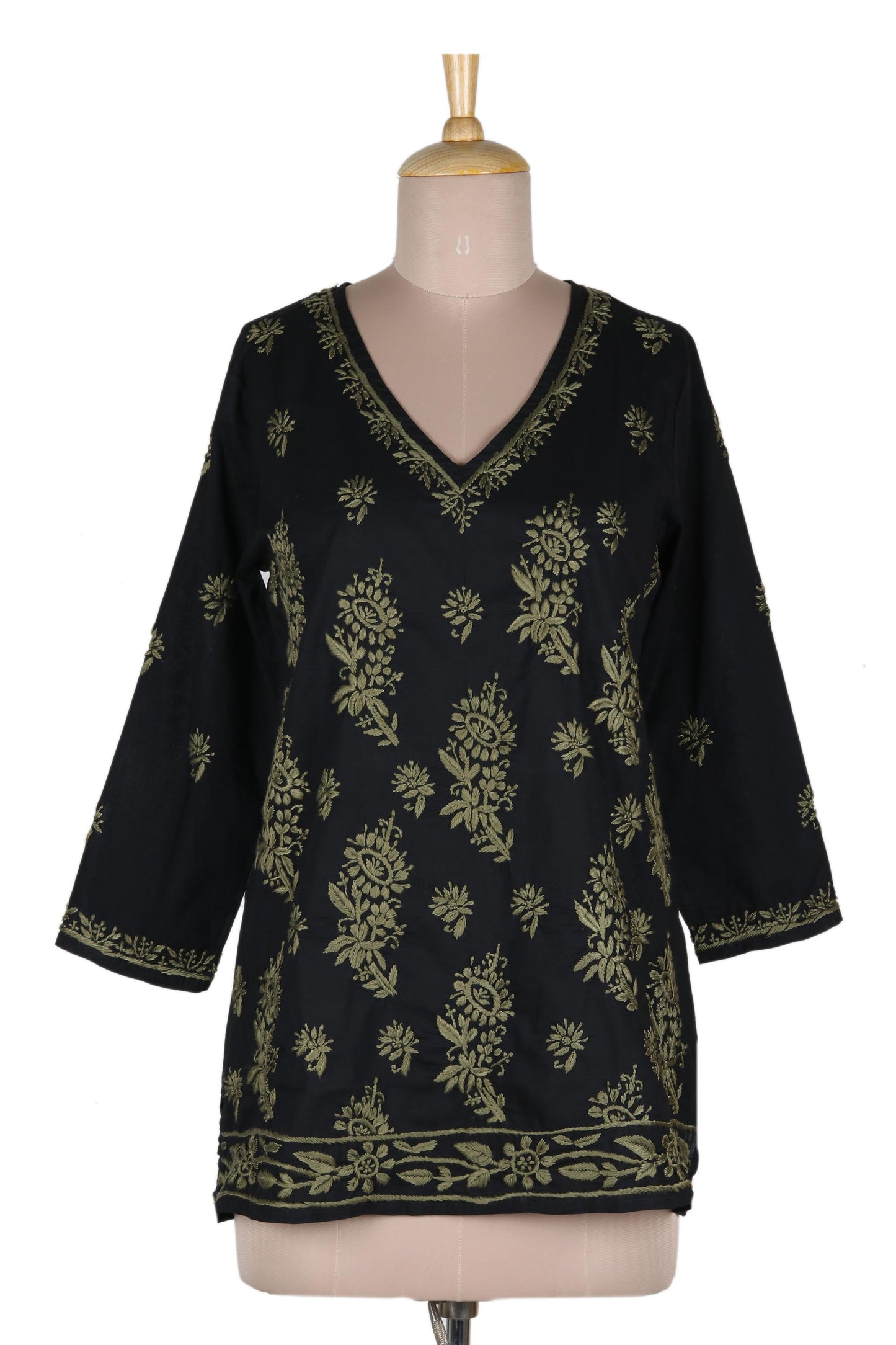 Midnight in the Garden Black Cotton Tunic with Hand Embroidered Details