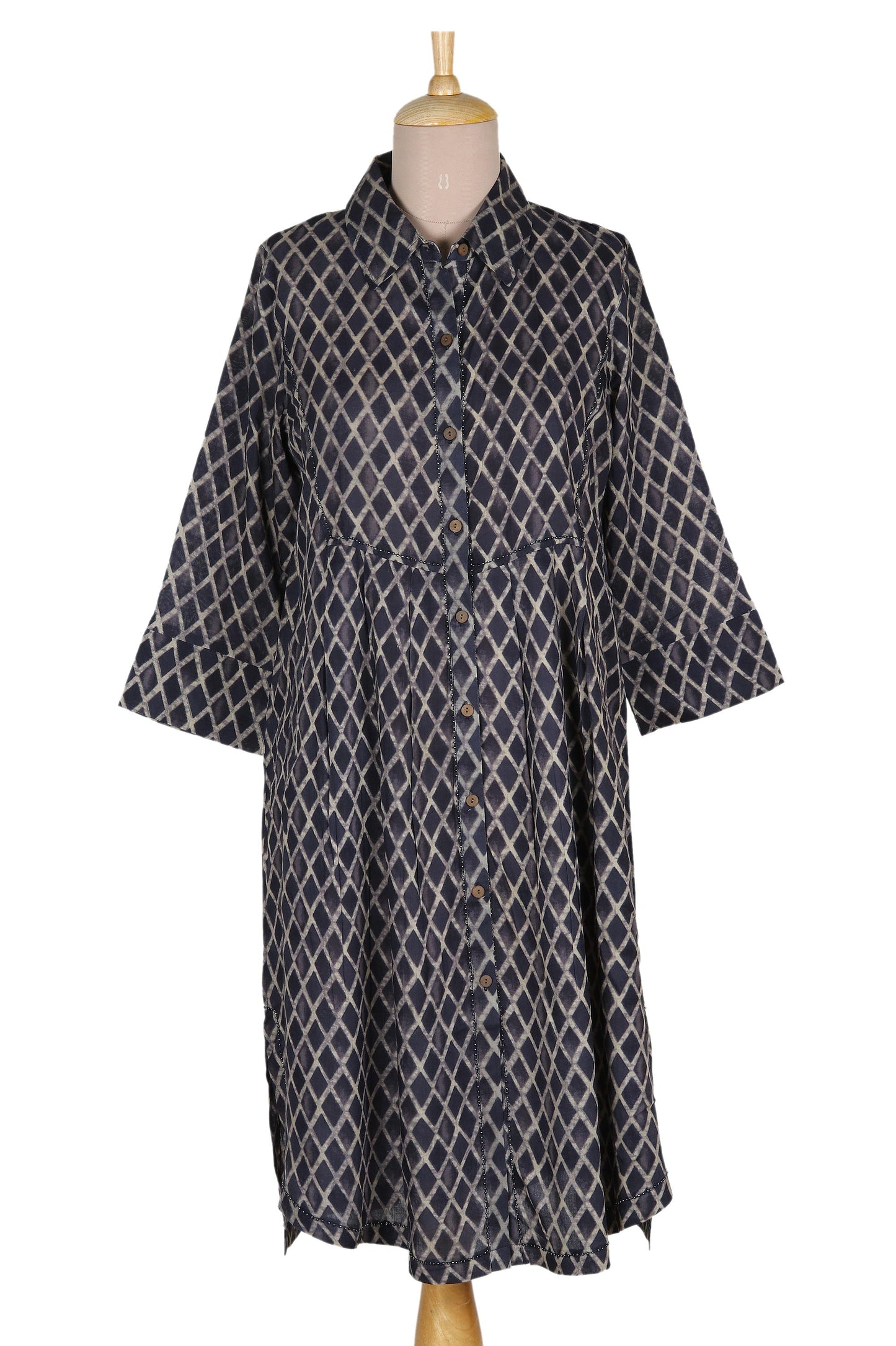 Creative Fusion in Indigo Dark Blue and Grey Beaded Shirtdress