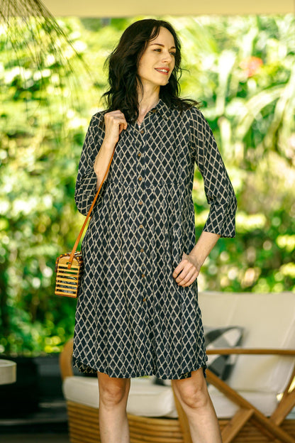 Creative Fusion in Indigo Dark Blue and Grey Beaded Shirtdress