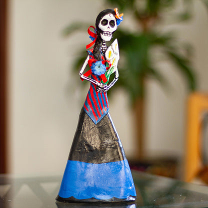 Catrina with Lilies Mexican Skeletal Catrina Papier Mache Statuette