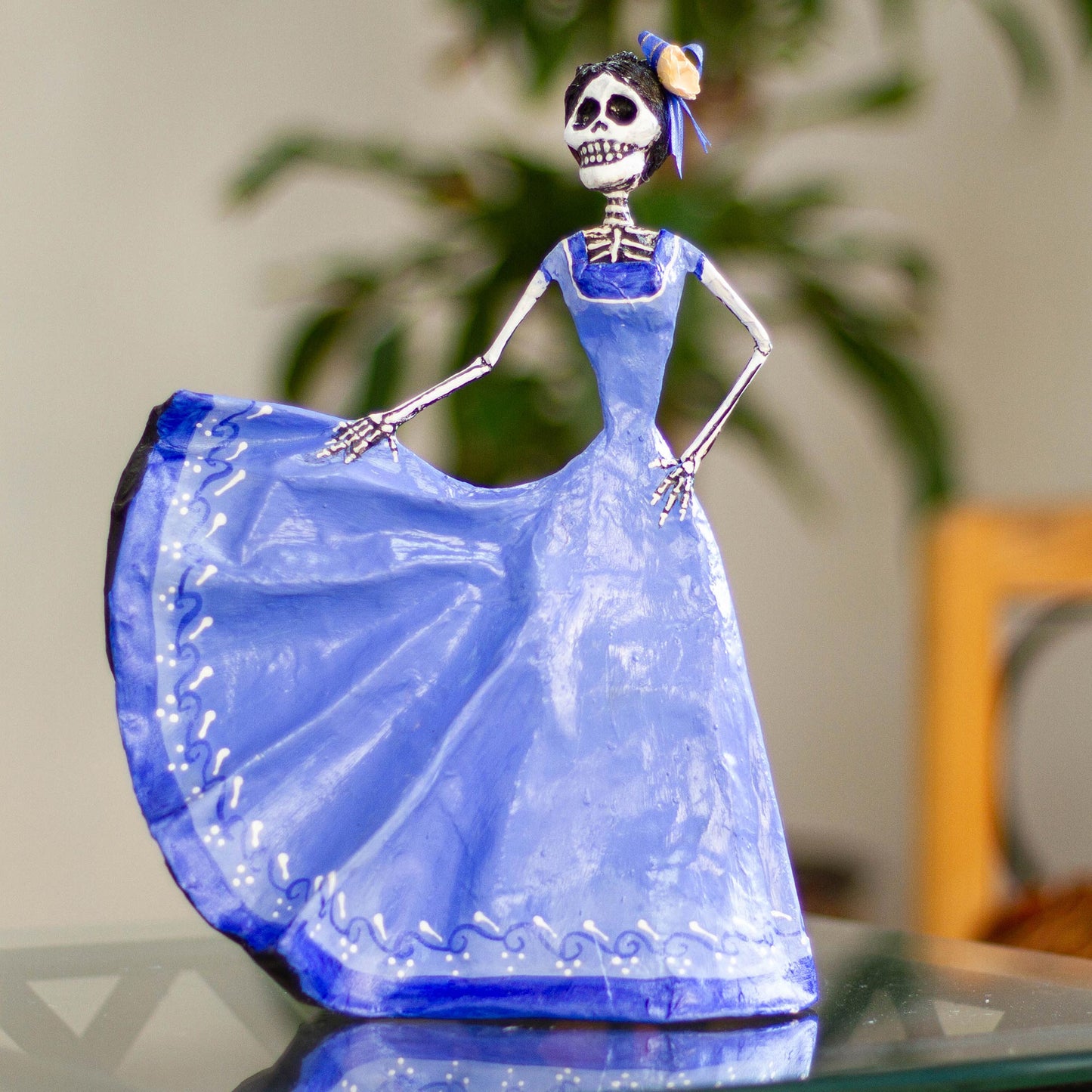 Dancing Catrina in Blue Dancing Catrina Handmade Papier Mache Statuette