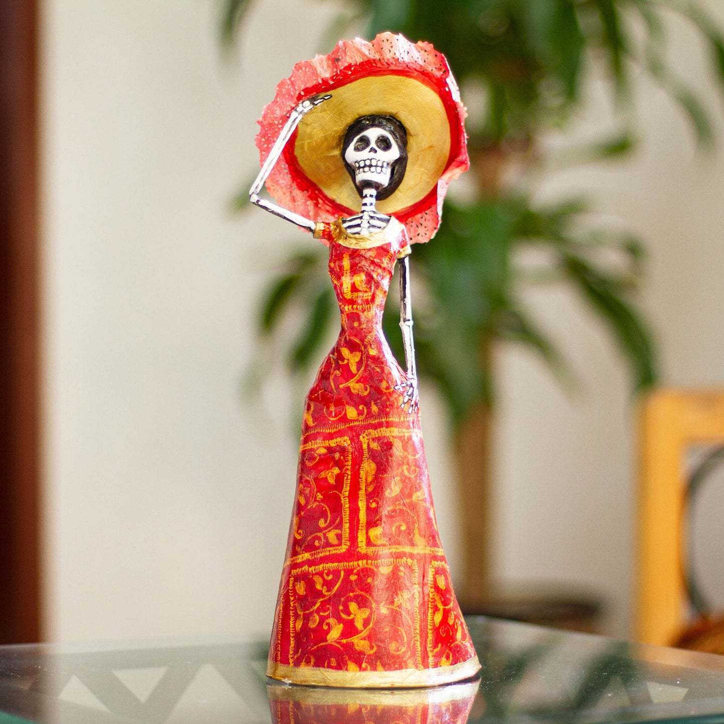 Catrina in Red Hand Crafted Papier Mache Catrina Sculpture with Hat