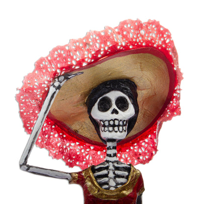 Catrina in Red Hand Crafted Papier Mache Catrina Sculpture with Hat