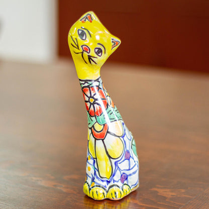 Yellow Talavera Cat Talavera Style Yellow Floral Ceramic Cat Statuette