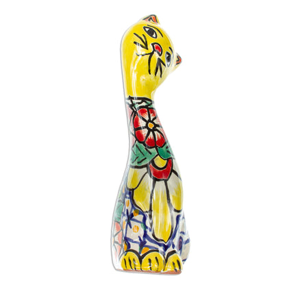 Yellow Talavera Cat Talavera Style Yellow Floral Ceramic Cat Statuette