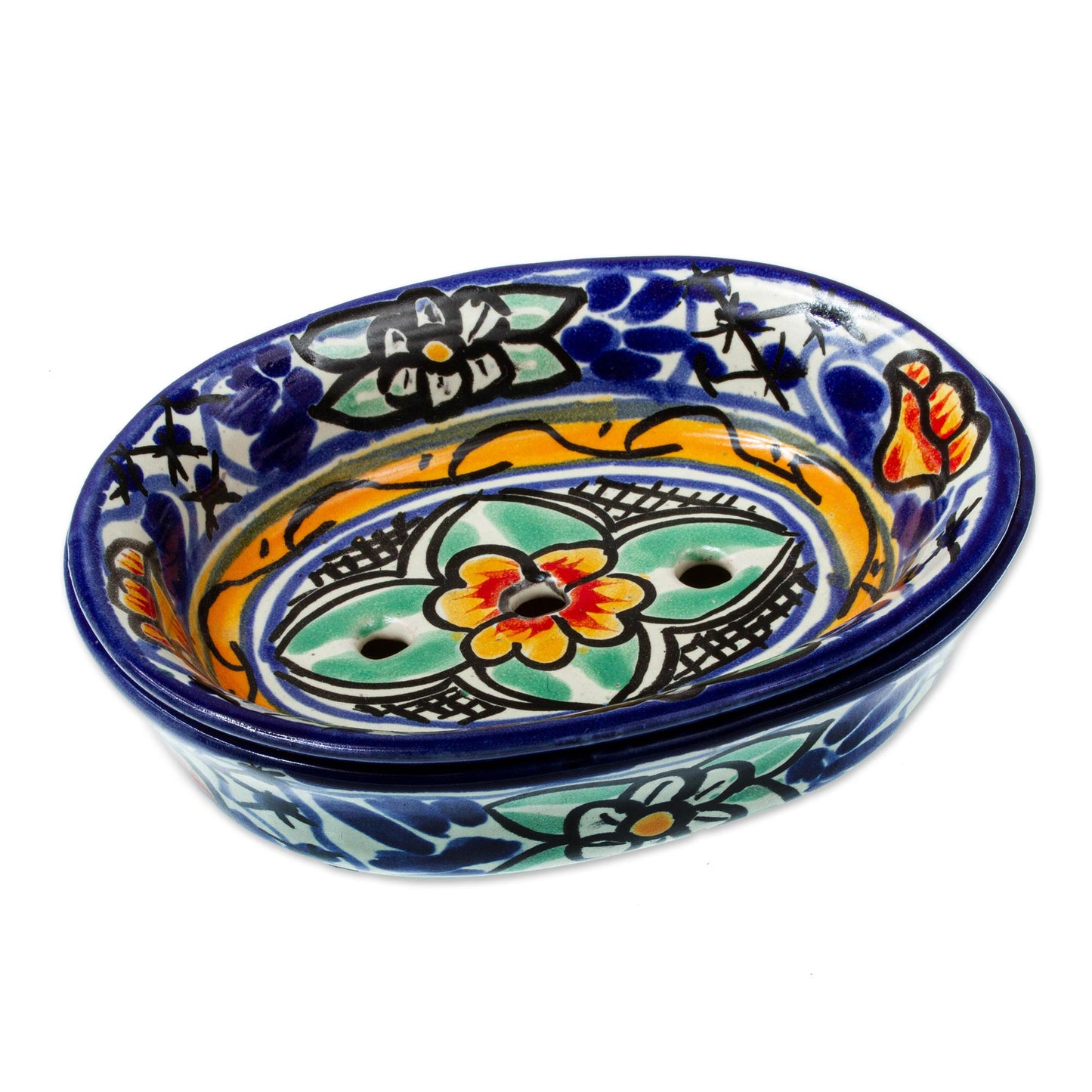 Cobalt Flowers Colorful Hand Painted Ceramic Soap Dish