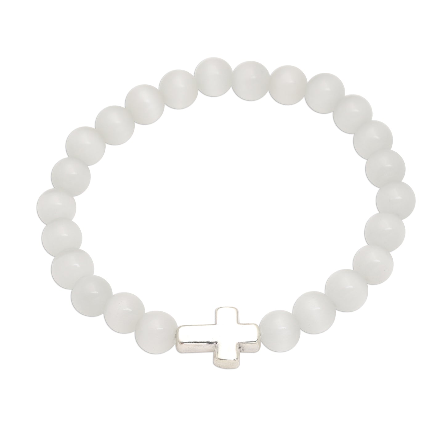 Faith in White Cross Pendant Beaded Quartz Stretch Bracelet