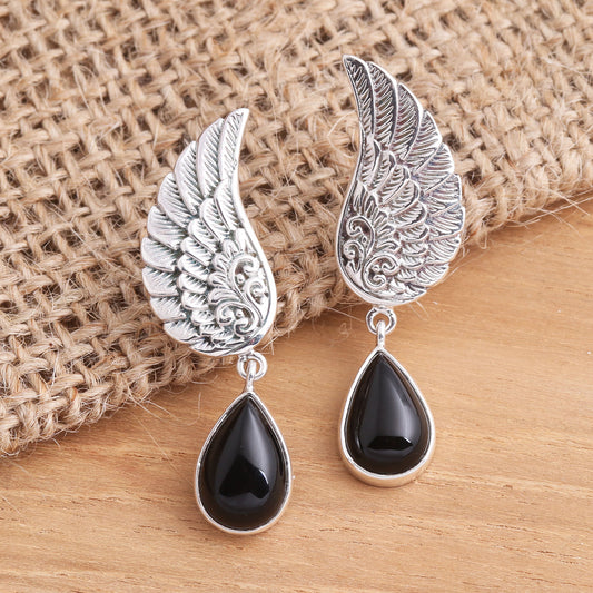 On the Wings of Midnight Onyx Sterling Silver Dangle Earrings Wings