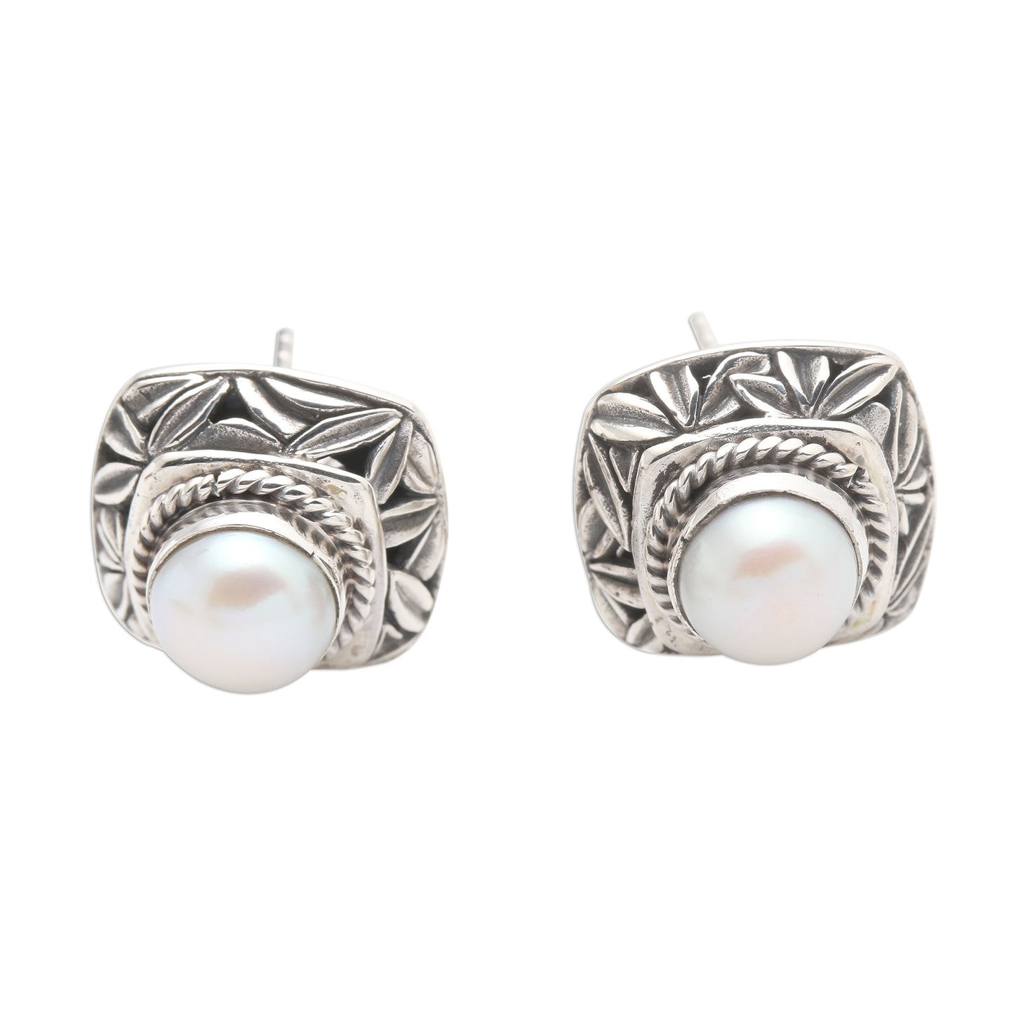 Leaves of Bamboo in White Cultured Pearl and Sterling Silver Button Earrings