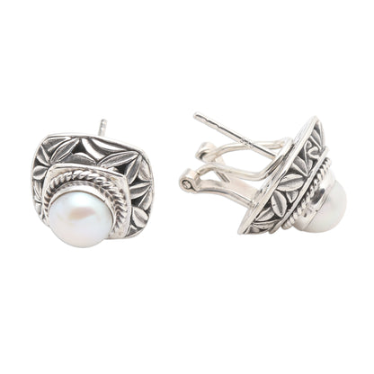 Leaves of Bamboo in White Cultured Pearl and Sterling Silver Button Earrings