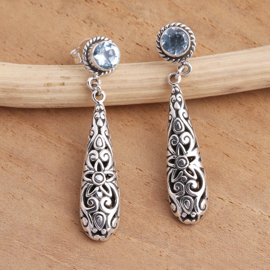 Flower Pendulum Balinese Blue Topaz and Sterling Silver Earrings