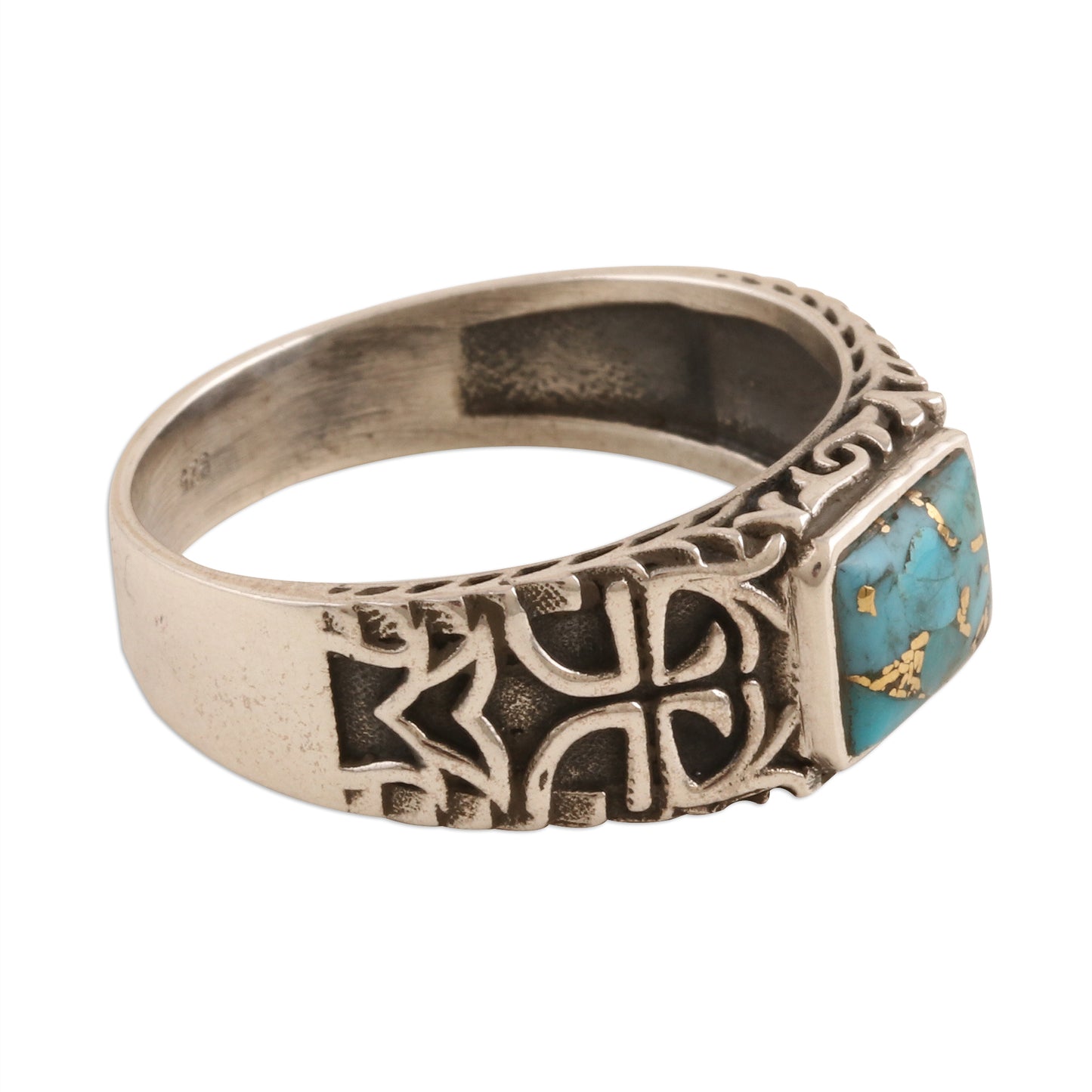 Mysterious Glyph Sterling Silver Men's Ring with Composite Turquoise