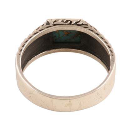 Mysterious Glyph Sterling Silver Men's Ring with Composite Turquoise