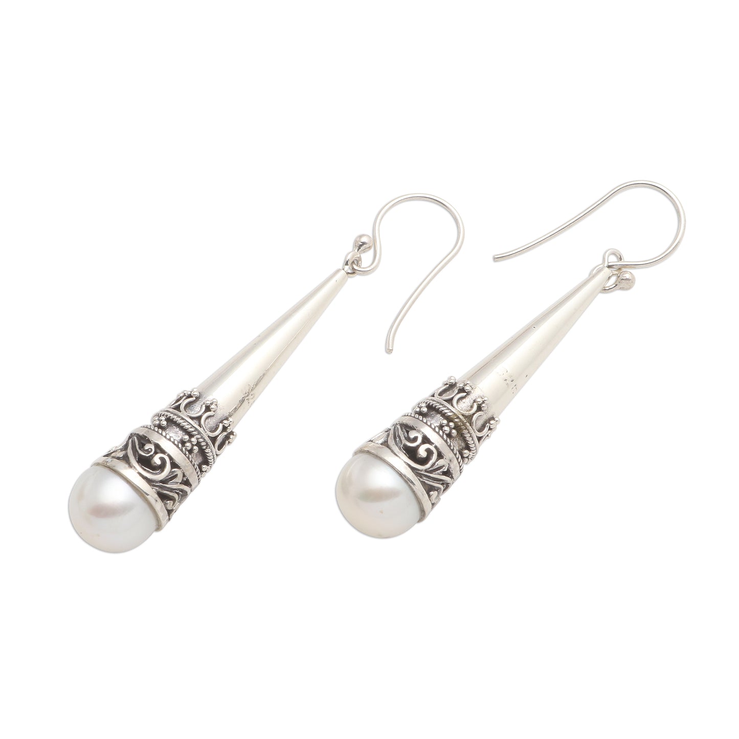 Bali Cornet Sterling Silver Cone Dangle Earrings with Cultured Pearl