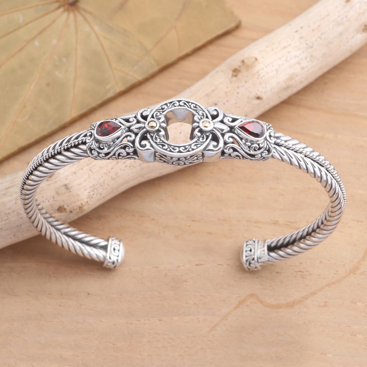 Hidden Gate in Red Sterling Silver and Garnet Cuff Bracelet from Bali