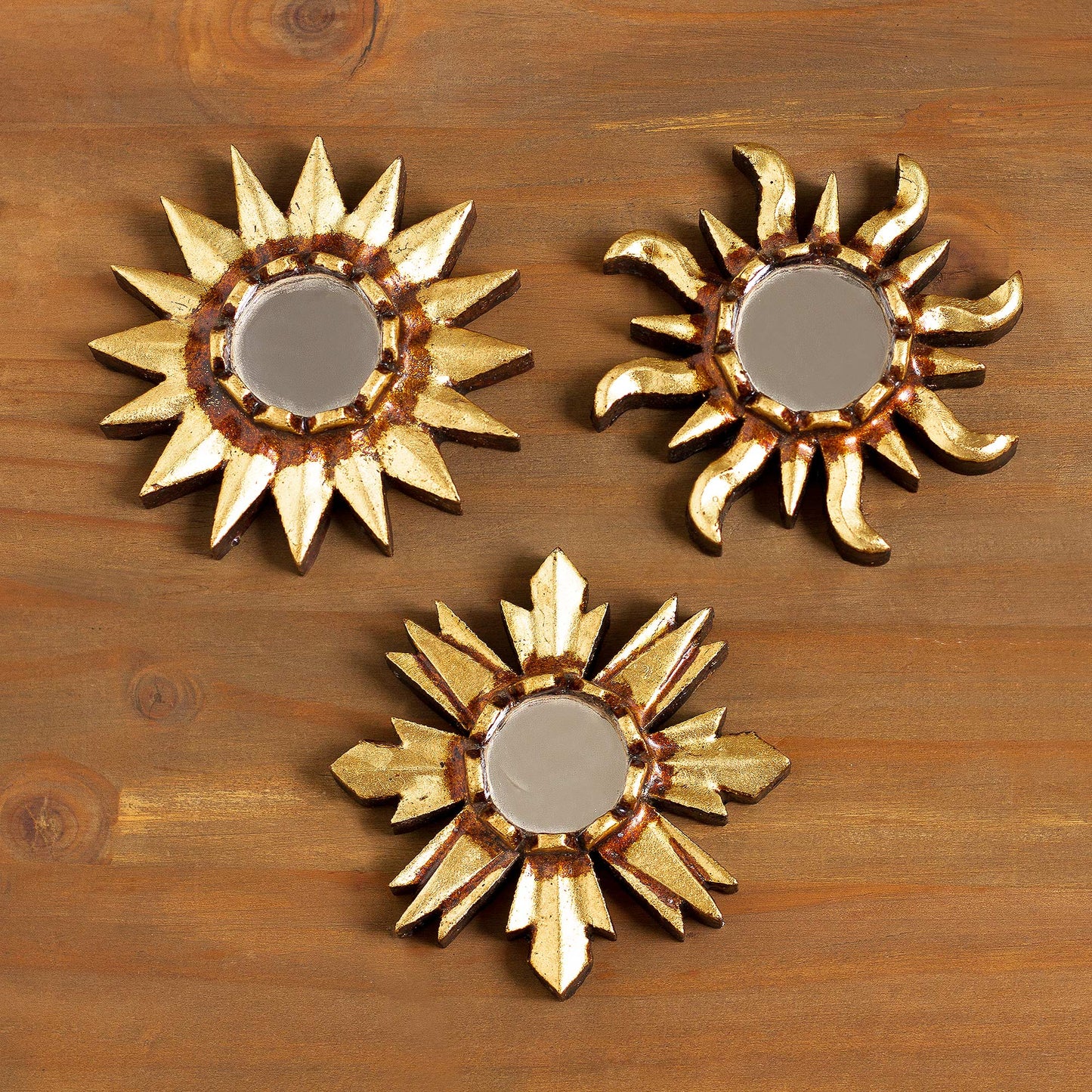 Ancient Suns in Bronze Mirrored Wall Accents with Sun Shapes (Set of 3)