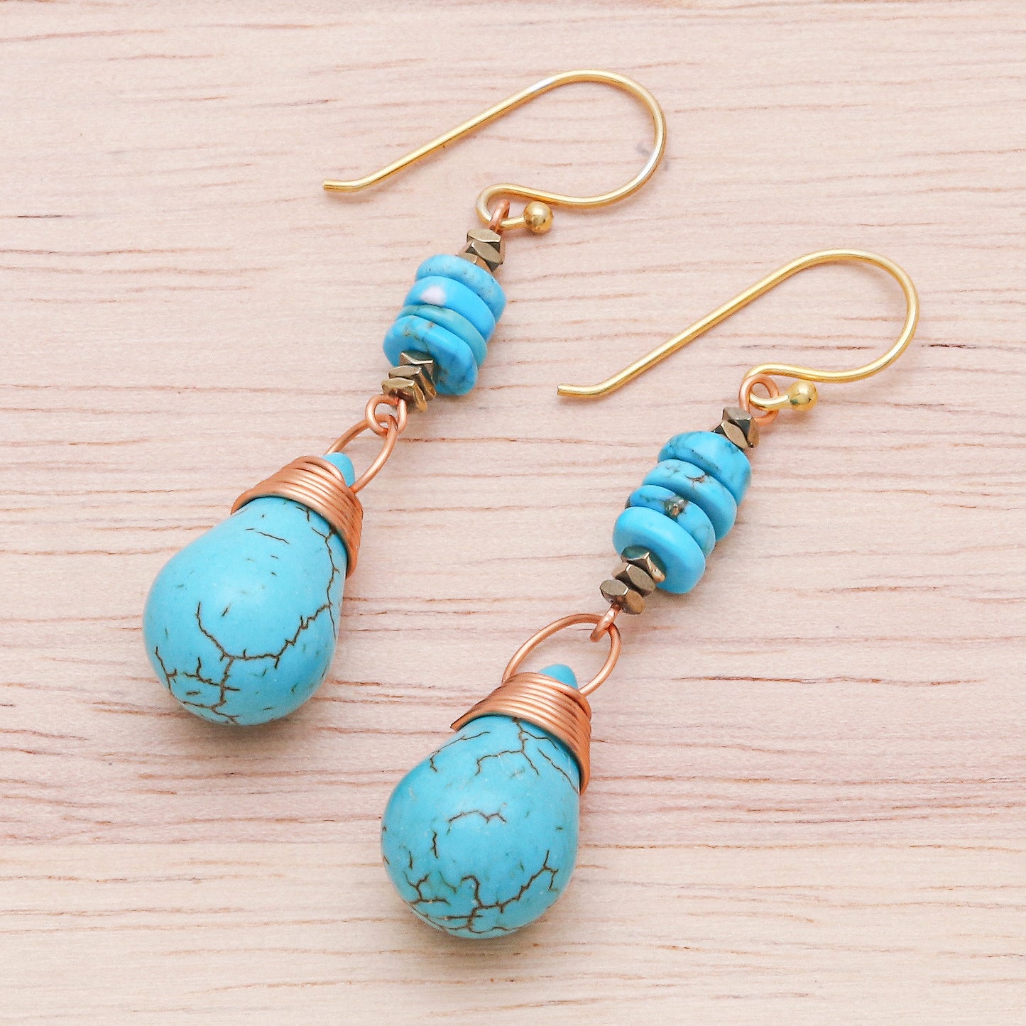 Rainshower Howlite Pyrite Reconstituted Turquoise Dangle Earrings