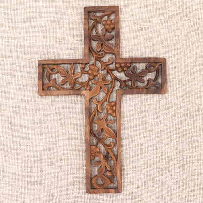 Natural Inspiration Hand Carved Wood Cross with Leaf and Vine Motif