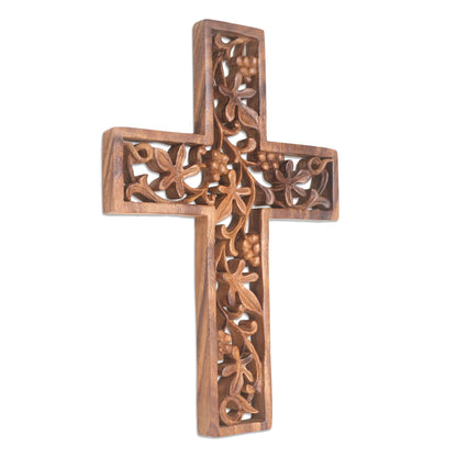 Natural Inspiration Hand Carved Wood Cross with Leaf and Vine Motif