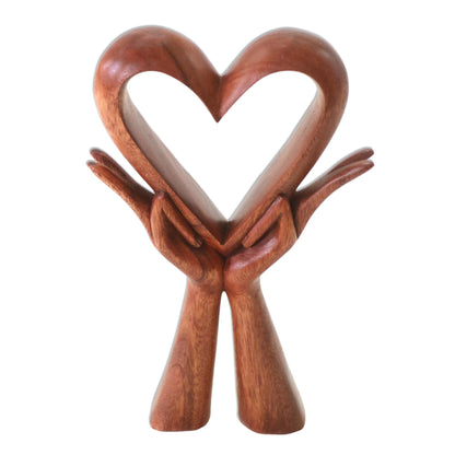 Giving Love Signed Wood Sculpture of Heart in Hands