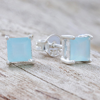 Good Luck Charm in Blue Thai Hand Made Sterling Silver Chalcedony Stud Earrings