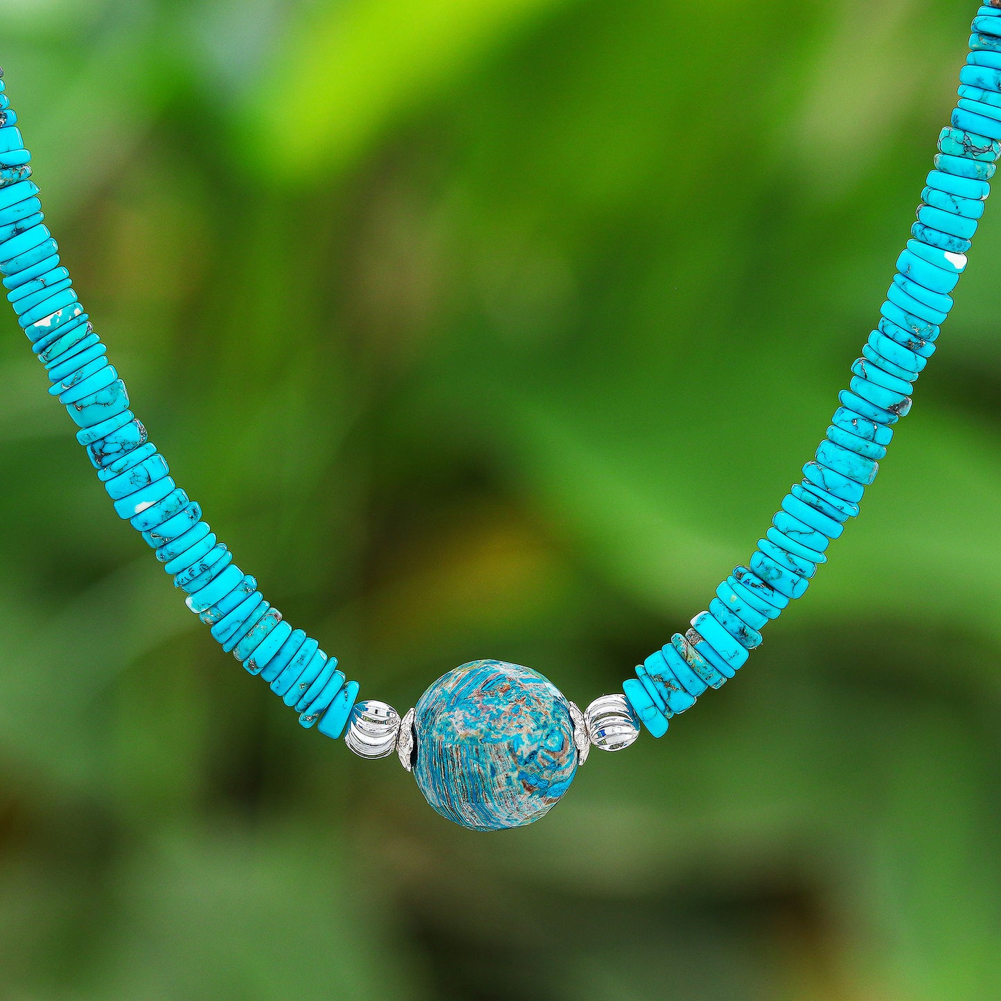 Earth and Water Reconstituted Turquoise Bead and Agate Pendant Necklace