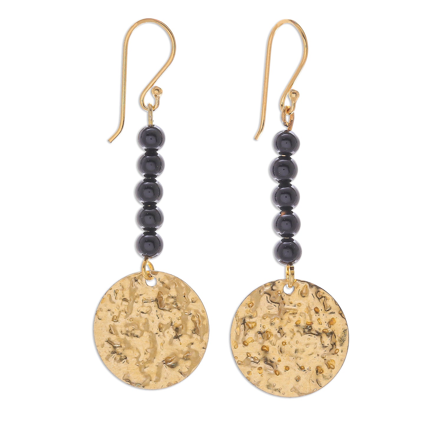 Golden Coin in Midnight Black Onyx Bead and Brass Coin Dangle Earrings