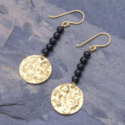 Golden Coin in Midnight Black Onyx Bead and Brass Coin Dangle Earrings