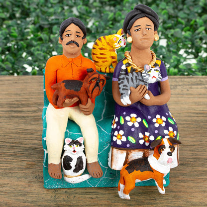 Pet Lovers Artisan Crafted Ceramic Sculpture of Pet Lover Couple
