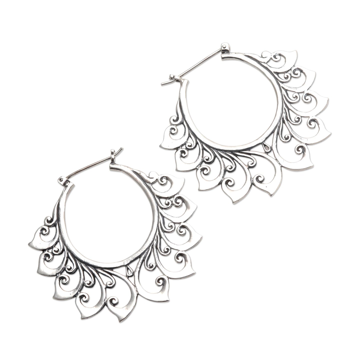 Polished Flower Hand Made Sterling Silver Hoop Earrings