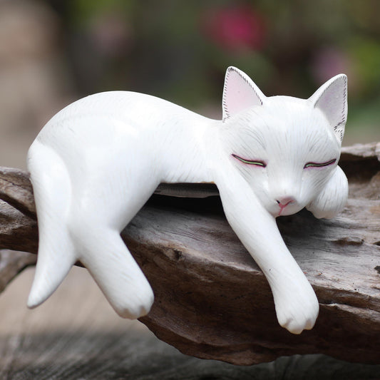 Lounging Cat in White Hand Carved Suar Wood Cat Statuette