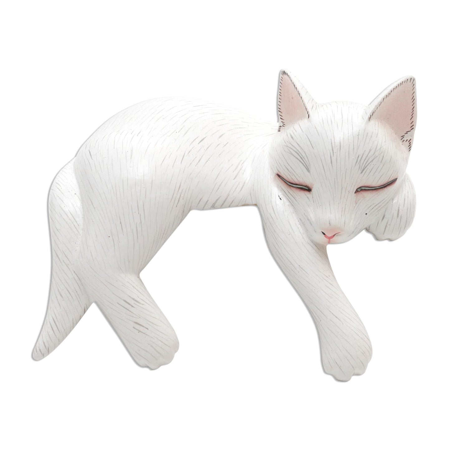 Lounging Cat in White Hand Carved Suar Wood Cat Statuette