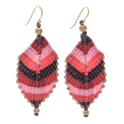 Boho Leaves in Pink Pink Leaf Waxed Cord Macrame Dangle Earrings