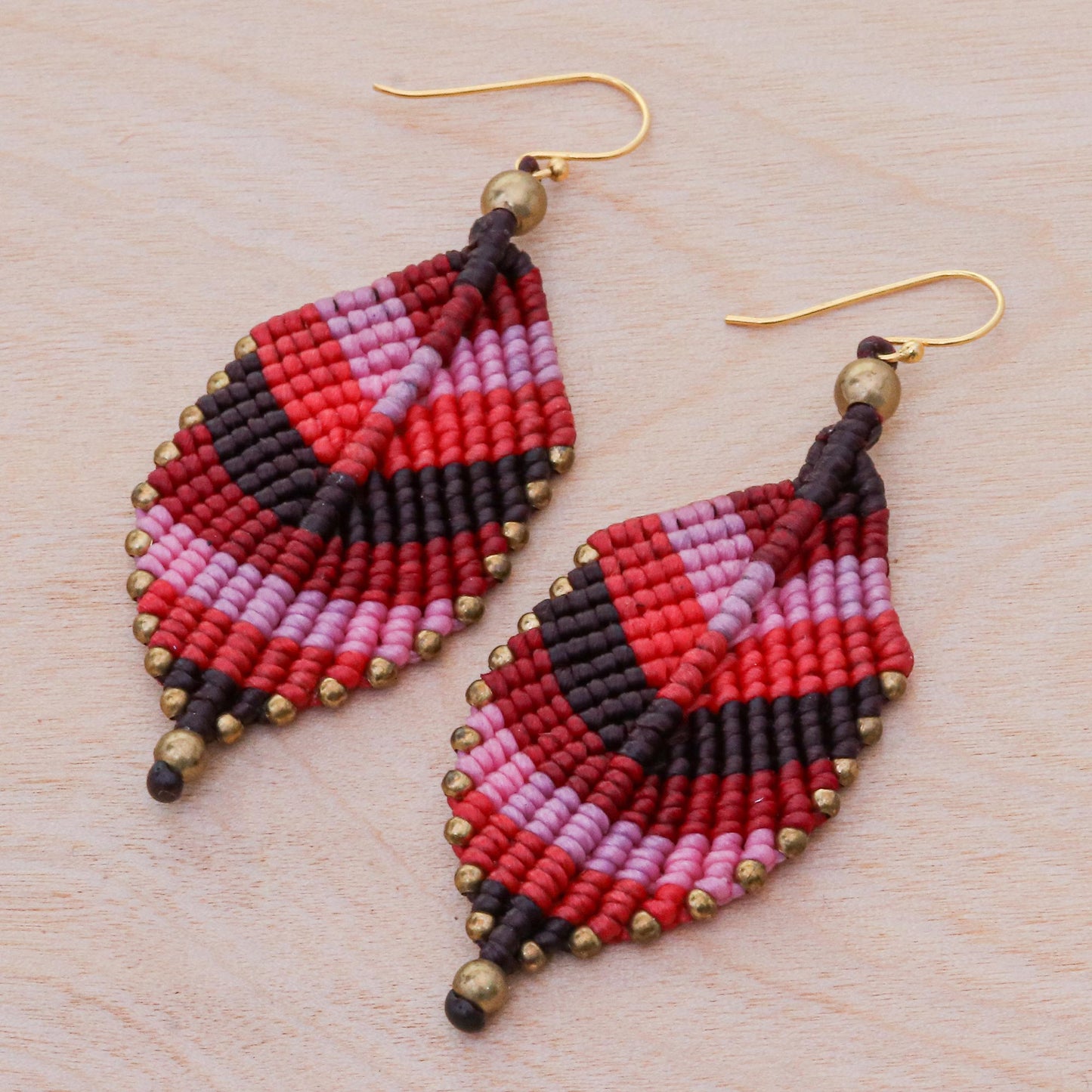 Boho Leaves in Pink Pink Leaf Waxed Cord Macrame Dangle Earrings