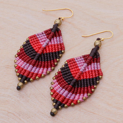 Boho Leaves in Pink Pink Leaf Waxed Cord Macrame Dangle Earrings