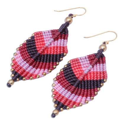Boho Leaves in Pink Pink Leaf Waxed Cord Macrame Dangle Earrings
