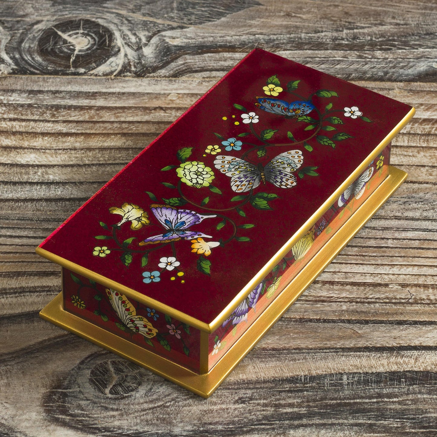 Butterflies on Burgundy Burgundy Reverse-Painted Glass Decorative Box