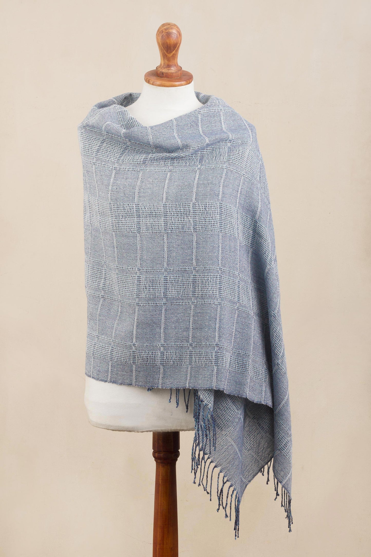 Whispering Blue Powder Blue Patterned Handwoven Baby Alpaca Shawl