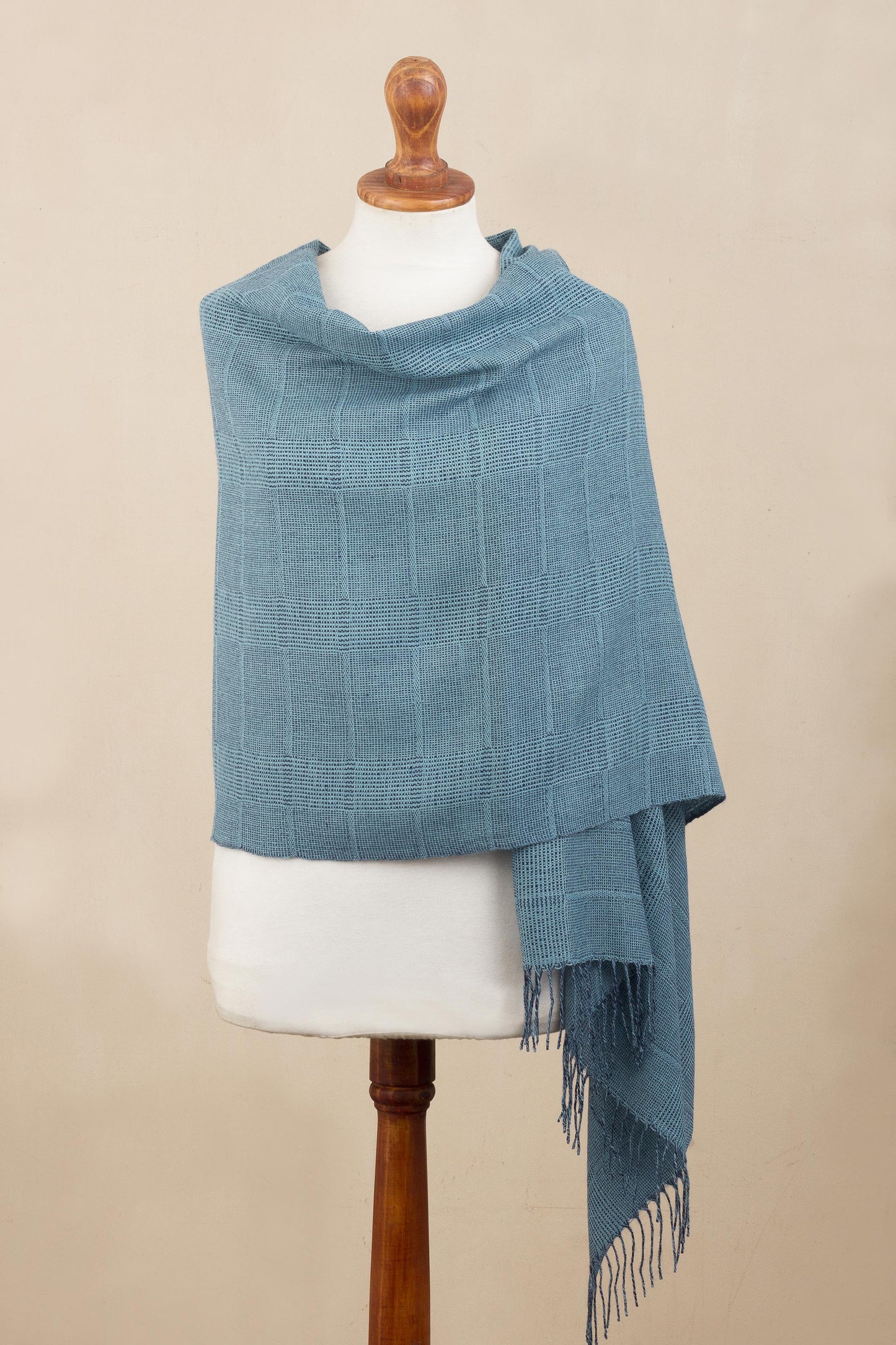 Whispering Azure Azure Blue Patterned Handwoven Baby Alpaca Shawl