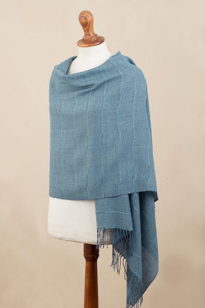 Whispering Azure Azure Blue Patterned Handwoven Baby Alpaca Shawl